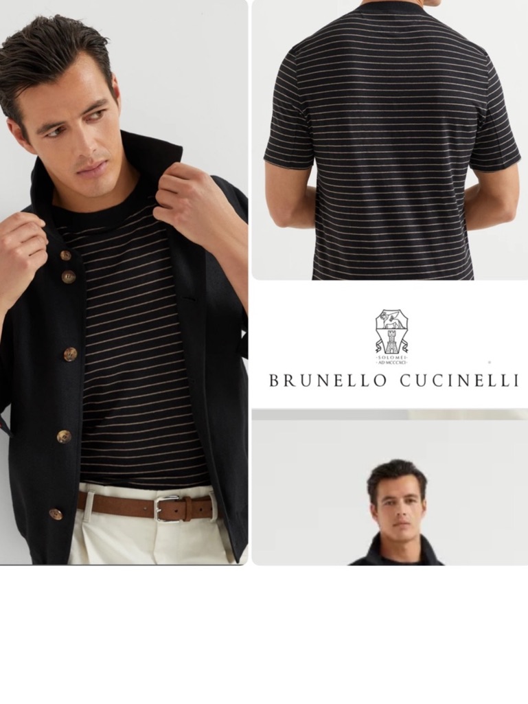 Brunello Cucinelli Beige White Striped Slim Fit T-Shirt Red Logo Xxl Fits L